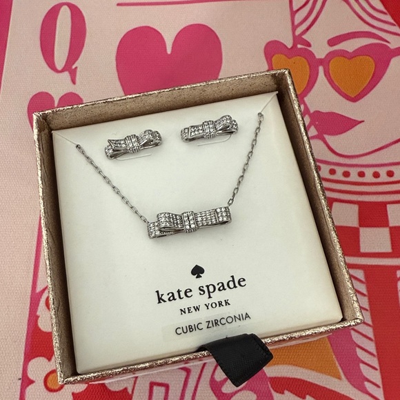 NIB KATE SPADE NEW YORK Silver Tone Mini Pave CZ Ribbon Necklace & Earr… - Picture 2 of 8
